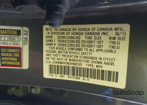 2013 Honda Cr-V Ex from USA, damaged, VIN 2HKRM4H58DH682301